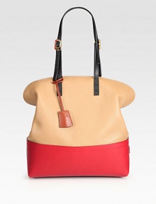 Stash your essentials in this colorblocked silhouette of pebble grain and matte leather.Adjustable double top handles, 8-9½ dropTop zip closureTwo inside open pocketsCenter zip compartmentLinen lining12½W X 13H X 5DMade in Italy Stash your essentials in this colorblocked silhouette of pebble grain and matte leather.Adjustable double top handles, 8-9½ dropTop zip closureTwo inside open pocketsCenter zip compartmentLinen lining12½W X 13H X 5DMade in Italy