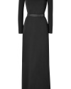 Make a dramatic evening debut in Halston Heritages ultra chic floor length off the shoulder dress - Long sleeves, embellished adjustable belted waistline - Fitted top, softly draped long skirt - Team with sky-high platforms and glamorous accessories