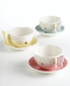 Lift this gently scalloped cup by its pastel butterfly wings and transform tea time into a sun-soaked meadow! The whimsical handle coordinates with a pale hue inside the accompanying saucer. A simple floral motif graces the cup's exterior. Qualifies for Rebate