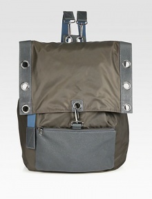Ideal for everyday wear, this classic backpack exudes a modern sensibility, crafted in nylon and leather with a zippered front pocket and interior tech compartments; the end result is a essential carryall that offers substance and style.Flap, buckle closureAdjustable back shoulder strapsExterior, interior zip pockets90% nylon/10% leather17W x 13H x 13DImported Ideal for everyday wear, this classic backpack exudes a modern sensibility, crafted in nylon and leather with a zippered front pocket and interior tech compartments; the end result is a essential carryall that offers substance and style.Flap, buckle closureAdjustable back shoulder strapsExterior, interior zip pockets90% nylon/10% leather17W x 13H x 13DImported