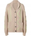 A contemporary-cool take on the classic cardigan, Sunos neon detailed textural knit is an understated way to work the brands penchant for pattern - Shawl collar, long sleeves, ribbed trim, button-down front, patch pockets, textural knit patterning, neon green stitch detail - Classic straight fit - Pair with tees and jeans, or with button-downs and leather leggings