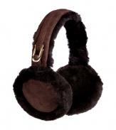 Both comfortable and stylish, UGG Australias shearling earmuffs are an ultra cozy cold weather must - Chocolate shearling, tonal suede band with double logo engraved U-ring at side - Wear with puffy parkas and matching shearling boots