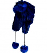 Super warm and equally eye-catching, Juicy Coutures faux fur hat is a bold way to show your style this winter - Snapped brim, black chord with matching pom-poms - Wear with a puffy parka and statement weather boots