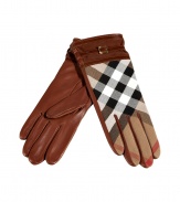 With an iconic look and soft silk lining, Burberry Londons checked gloves add an elegant polish to cool-weather looks - House check top, dark tan leather and suede cuff with belted strap, leather reverse, silk lining - Wear with a tailored wool coat, or a belted trench