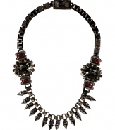 Give your look a fierce edge with Mawis crystal embellished spike necklace - Dark red, deep forest and grey crystals, flat chain with logo engraved closure, hematite-plated brass - Wear over everything from tees or button-downs to tailored cocktail frocks