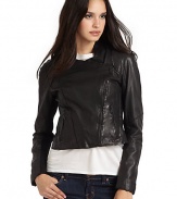 THE LOOKTopstitched collarAsymmetrical front zipperDual zip pocketsLong sleeves with rib-knit insetsTHE FITAbout 18½ from shoulder to hemTHE MATERIALLambskinKnit trim: cotton/polyesterCotton liningCARE & ORIGINDry clean by a leather specialistImportedModel shown is 5'10 (177cm) wearing US size Small. 