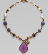 A pretty strand of amethyst, rose quartz, lepidorite, fuchsia agate, rock crystal, pink, purple and pink lavender cultured freshwater pearls with a charm accented, statement rock crystal over phosphosiderite pendant. Pink, purple and pink lavender cultured freshwater pearls Amethyst, rose quartz, lepidorite, fuchsia agate, rock crystal PhosphosideriteBronzeLength, about 18Pendant size, 1½ Toggle closureMade in USA