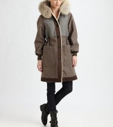 Modern mixed media design features textured panels and a plush fox fur trimmed hood. Fox fur trimmed hoodFront buttonsContrast felted front and back panelsLong sleeves with contrast banded cuffsCinched waist for definitionDual front patch pocketsAbout 35 from shoulder to hemBody: cottonContrast: 80% wool/20% nylonTrim: fox furDry clean by fur specialistImportedFur origin: USAModel shown is 5'10 (177cm) wearing US size Small.