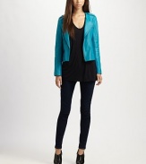 Rich lambskin takes on a metallic sheen in this cropped jacket styled easy-fit stretch panels.Foldover lapelAsymmetrical front zipperZip pocketsZip cuffsBack zip-ventAbout 20 from shoulder to hemBody: leather; panels: 68% rayon/27% nylon/5% spandexDry cleanImportedModel shown is 5'9 (175cm) wearing US size Small.