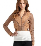 THE LOOKStand collar with jersey panelsFront zip closureLong sleeves with snap cuffsSide zip pocketsPerforated leather detailsElastic waist with snap detailsTHE FITAbout 17 from shoulder to hemCroppedTHE MATERIALLeatherCARE & ORIGINDry clean by a leather specialistImportedOUR FIT MODEL RECOMMENDS ordering one size up as this size runs small.
