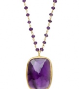 Adorn yourself with the season's hottest hues: jewel tones! This eye-catching pendant features a rectangular-shaped amethyst pendant and an 18k gold over sterling silver setting and chain adorned with amethyst beads (17-1/10 ct. t.w.). Approximate length: 18 inches. Approximate drop: 1-3/16 inches.