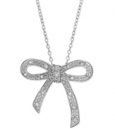 Tie this on for size. A sterling silver necklace dazzles with a bow and ribbon shaped pendant radiant with round-cut diamonds (1/10 ct. t.w.). Approximate length: 18 inches. Approximate drop: 3/4 inch. Approximate pendant width: 3/4 inch.
