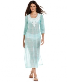 A soft tie-dye print channels the relaxed vibe of the seaside on INC's caftan coverup! Delicate trimming around the neckline adds a whimsical touch. A soft tie-dye print channels the relaxed vibe of the seaside on INC's caftan coverup! Delicate trimming around the neckline adds a whimsical touch.