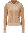 Stylish zip-up hoodie in fine honey brown cotton and poly blend - A true classic from LA cult label Juicy Couture - Super-soft velour fabric - Slim, fitted silhouette cut to hit at the waist - Front scoop pockets - Sexy but casual, ideal for leisure and relaxing - Pair with velour track pants, skinny denim or cords