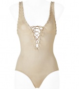 Channel an Amazonian goddess in this ultra-luxe swimsuit from La Perla - Deep V-neck with lace-up front, whipstitch details on straps and back, lace-up back with cut out details - Pair with a sheer caftan, a sunhat, and wedge heels