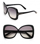 Feminine butterfly-shaped acetate frames. Available in black with smoke gradient lens. Logo emblem temples100% UV protectionMade in Italy 