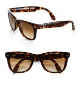 Limited Edition Folding Wayfarer Sunglasses. A classic style reinvented to fold into a small case for travel convenience. Available in black with smoke lens or tortoise with brown lens. Exclusive hard case with magnetic closure Case dimensions: 2½W X 3½H 1¼D Made in Italy
