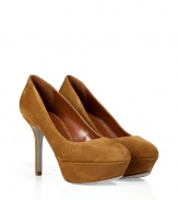 Luxurious pumps in fine, honey-colored suede - Elegant, sophisticated and stylish - Fashion with platform and delicate stiletto heel - Side widely fitted to lengthen the leg and create the appearance of a narrow foot  - The sturdy heel gives a firm hold - Looks great with business suits, jeans, leggings, and cocktail dresses
