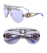 Eye-catching shield frames with goldtone Medusa metal temples. Available in gold with brown lens or gold with lavender lens.Gold Medusa temples100% UV protectionMade in Italy