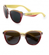 A retro-inspired, multicolored acetate and metal design that is sure to make a statement. Available in light blue, red and pink with grey gradient lens or pink, red and yellow with crystal green lens.Logo temples100% UV protectionMade in Italy