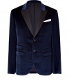 Make a stylish impact in this ultra-luxe blue velvet tuxedo style blazer from Neil Barrett - Notched lapels, long sleeves, two-button closure flap pockets, double back vent, slim fit - Pair with a sleek button down and slim trousers or jeans