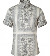 Stylish button down in fine, pure cream cotton - Classically cool, on-trend paisley motif - Small collar, chest pocket and short, roll-up cuffed sleeves - Rounded hem hangs slightly longer in the back - Modern cut is slim and straight - Elegantly whimsical, ideal for the modern dandy - Pair with jeans, linen trousers, chinos or Bermuda shorts
