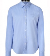 Casual and cool with its classic styling and super soft cotton, Burberry Brits cornflower button-down is a timeless choice for all 4 seasons - Cutaway collar, long sleeves, buttoned cuffs, button-down front, tonal embroidered logo at chest, shirttail hemline - Classic straight silhouette - Wear with chinos and bright leather loafers