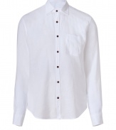 With its clean look and lightweight linen, Vinces white button-down is an effortless cool choice - and a must for your next warm weather getaway - Classic collar, long sleeves, buttoned cuffs, button-down front, chest pocket, wood-effect buttons, shirttail hemline - Relaxed slim fit - Wear with swim trunks, or linen pants and sandals