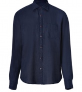 With its clean look and lightweight linen, Vinces navy button-down is an effortless cool choice - and a must for your next warm weather getaway - Classic collar, long sleeves, buttoned cuffs, button-down front, chest pocket, wood-effect buttons, shirttail hemline - Relaxed slim fit - Wear with swim trunks, or linen pants and sandals