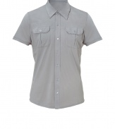 Stylish shirt in fine, pure pale grey cotton - A chic, modern hybrid of the classic polo and the traditional button down in an ultra-soft, summer weight material - Small collar and short sleeves - Full button placket and two flap pockets at chest - Slim, straight cut - Casually cool, perfect for pairing with jeans, chinos and shorts