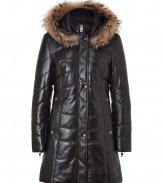 Supple black lamb leather and eye-catching fur trim lend this sleekly elegant Ventcouvert coat its effortless winter-chic appeal - Slim cut quilted style tapers gently through waist - Full snap placket  and underlying zip closure - Pockets at either hip and zipper embellishment at cuffs - On trend fur-trimmed hood - Streamlined and sophisticated, the easiest way to stay warm while looking cool this season! - Pair with any number of looks, from jeans to suit trousers to knit dresses