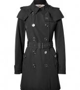 Invest in high style with this ultra-chic hooded trench from Burberry London - Small spread collar, hood with snap detailing, long sleeves with buttoned cuffs, double-breasted, front button placket, belted waist - Fitted silhouette - Pair with slim trousers or jeans and a cashmere pullover