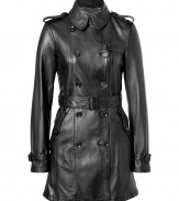With its ultra soft black lambskin and iconic classic styling, Burberry Brits timeless trench has never felt so luxurious - Small spread collar, epaulettes, long sleeves with belted cuffs, double-breasted front button placket, belted waistline - Tailored silhouette - Pair with urban-cool knitwear and slim-fitting separates