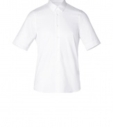 Minimalist and modern, Jil Sanders short sleeve button-down is a characteristic chic take on this essential spring style - Classic collar, short sleeves, button-down front, back shirttail hemline - Slim fit - Wear tucked into tailored trousers with sleek leather lace-ups