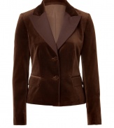Luxurious blazer in fine, brown cotton velvet - Wonderfully soft and flattering - This blazer looks ladylike and posh, makes an elegantly restrained impression - It is beautifully fitted and cut close to the body with wide lapels, flap pockets, two button front and narrow sleeves - It is excellent for the office or elegant day occasions - Combine with a pencil skirt, wide pants or jeans - A basic top that is classic and timeless, an investment for eternity