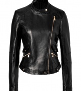The always favorite moto jacket gets an ultra luxurious remake in Michael Kors jet black leather silhouette, cut to perfection for a close, flattering fit - Snapped stand-up collar, long sleeves, zippered cuffs, front zip, snapped and zippered pockets - Form-fitting - Pair with an elevated jeans-and-tee ensemble, or try over a cocktail frock with sleek heels