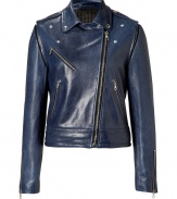 Luxe in lambskin with a contemporary navy hue, Theorys leather motorcycle jacket counts as a must for edgy spring looks - Snapped notched collar, off-center zipper, long sleeves, zippered cuffs, zippered slash pockets, laced sides, zip-away sleeves - Close, cropped fit - Wear over everything from tees and jeans to sheath dresses and heels