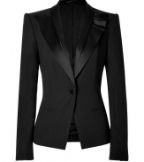 With its immaculate tailoring and incredible attention to detail, Viktor & Rolfs ruffled lapel blazer puts a sartorial spin on this essential style - Satin shawl collar with ruffled peaked lapel, long sleeves, satin buttoned cuffs, structured shoulders, front slit pockets, single buttoned front - Sharply tailored fit - Wear over a sheath dress with heels and a statement leather satchel