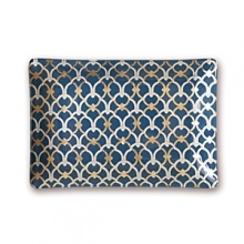 A classic lattice print with hand-applied gold foil lends a dramatic touch to this resplendent glass tray from Fringe. A classic lattice print with hand-applied gold foil lends a dramatic touch to this resplendent glass tray from Fringe.