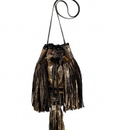 Set your style points soaring this season with Sara Battaglias statement drawstring shoulder bag, detailed with a crackle metallic finish for edgy results guaranteed to make an impact - Navy leather with allover gold-toned crackle finish, black leather trim and removable shoulder strap, oversized tassels around drawstring, silver-toned hardware and chainlink handles, studded trim around the top, green satin lining - Carry with edgy separates or as a sartorial finish to cocktail dresses