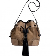 Set the style bar with Sara Battaglias statement drawstring shoulder bag, detailed in easy-to-wear nude hues, guaranteed to make an ultra chic impact - Taupe and sand suede with black leather detailing, removable black leather shoulder strap, chain-link handles, oversized drawstring tassels, silver-toned hardware, studded front panel, green satin lining - Carry with edgy separates and sleek black accessories