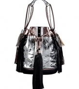 Set the style bar with Sara Battaglias statement drawstring hobo, detailed in ultra-modern metallic leather guaranteed to make an impact - Silver and pewter crinkle leather with black leather detailing, chain-link detailed shoulder strap, oversized tassels around drawstring, silver-toned hardware, studded front panel, green satin lining - Carry with edgy separates or as a sartorial finish to cocktail dresses