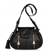 Add a jolt of Parisian chic to your outfit with See by Chlo?s jet black textured leather drawstring bag - Flap with magnetic snap closure underneath, zippered front slit pockets with gold-toned logo engraved pulls, drawstring top with oversized tassel, shoulder strap, printed lining, inside zippered back wall pocket - Wear with printed tops, favorite jeans and flats