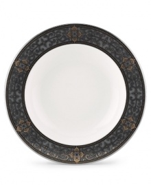 The Vintage Jewel pattern evokes a more gracious era, combining pure white bone china with a dark, richly patterned band of muted gold, taupe, charcoal, and black, and accented with subtle touches of cobalt blue. From Lenox's dinnerware and dishes collection. Qualifies for Rebate The Vintage Jewel pattern evokes a more gracious era, combining pure white bone china with a dark, richly patterned band of muted gold, taupe, charcoal, and black, and accented with subtle touches of cobalt blue. From Lenox's dinnerware and dishes collection. Qualifies for Rebate