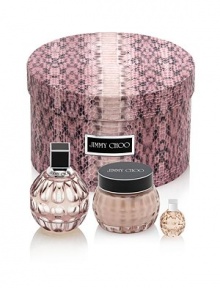 Reveal the glamorous seductress in you with this elegant Jimmy Choo gift set that includes a selection of Jimmy Choo treasures: a 3.3 oz. Eau de Parfum, 5 oz. Perfumed Body Cream, and a 0.15 oz. Eau de Parfum miniature. Reveal the glamorous seductress in you with this elegant Jimmy Choo gift set that includes a selection of Jimmy Choo treasures: a 3.3 oz. Eau de Parfum, 5 oz. Perfumed Body Cream, and a 0.15 oz. Eau de Parfum miniature.