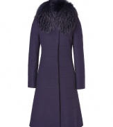 Work a luxurious note into your elegant outerwear wardrobe with Alberta Ferrettis rich purple fur-trimmed wool coat - Removable tonal fur collar, hidden front snaps, allover tiered seaming - Flared silhouette, tailored fit - Team with jet black separates and a finish of shimmering accessories