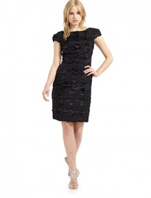 THE LOOKCap sleevesSubtly metallic fringed details throughoutV backConcealed back zip with hook-and-eye closureBack ventTHE FITAbout 37 from shoulder to hemTHE MATERIAL55% wool/45% nylonFully linedCARE & ORIGINDry cleanImportedModel shown is 5'10 (177cm) wearing US size 4.