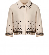 Inject an edge of modern elegance into your outfit with Moschinos ultra contemporary dot studded cropped jacket - Embellished collar, 3/4 sleeves, hidden front snaps - Cropped, tailored silhouette - Wear with tailored sheath dresses and ladylike peep-toes