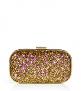 Dotted with flashing LED lights and playfully packaged like a toy, Anya Hindmarchs seasonal Marano Dancer clutch is a dazzling take on this favorite style - Press at corner to activate lights, on/off switch in battery pack concealed in inside zip pocket, comes with a replacement battery - Gold-toned frame with logo clasp, two-tone metallic gold glitter, inside back wall zippered pocket, sand suede interior - Pair with flirty cocktail dresses and jet black heels