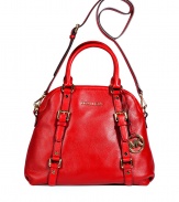 With its super soft red leather and gold-toned hardware, this MICHAEL Michael Kors bowling bag features ultra chic versatility - Classic bowling bag shape, top carrying handles, removable buckled shoulder strap, buckle details, back slit pocket with magnetic snap, textured leather, inside zippered back wall and slot pockets, front wall slot pockets - Perfect for everyday use, off-duty cool, or stylish travel